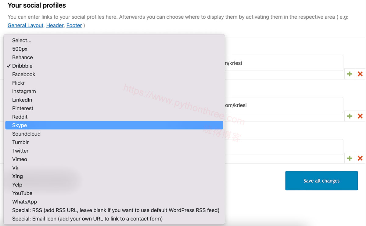 Enfold主题Social profiles社交媒体设置 - 晓得博客 Enfold主题添加Social-profiles社交媒体设置