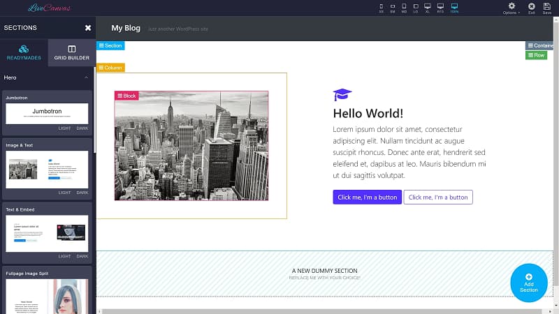 WordPress LiveCanvas Bootstrap页面构建器 - 晓得博客 LiveCanvas WordPress页面构建器功能