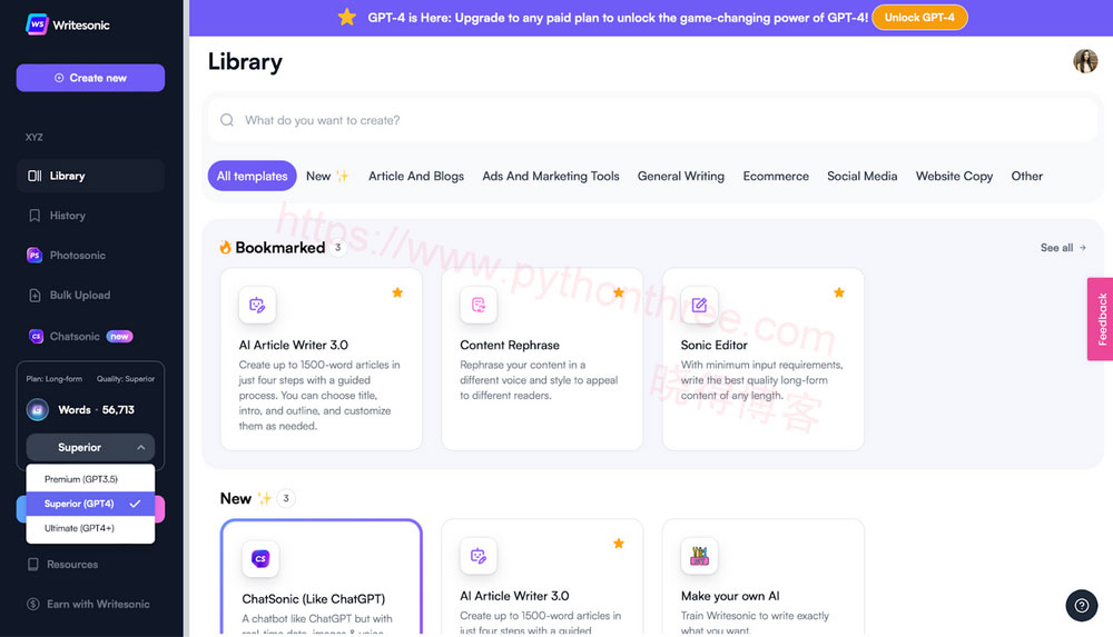 在Writesonic中免费使用GPT-4