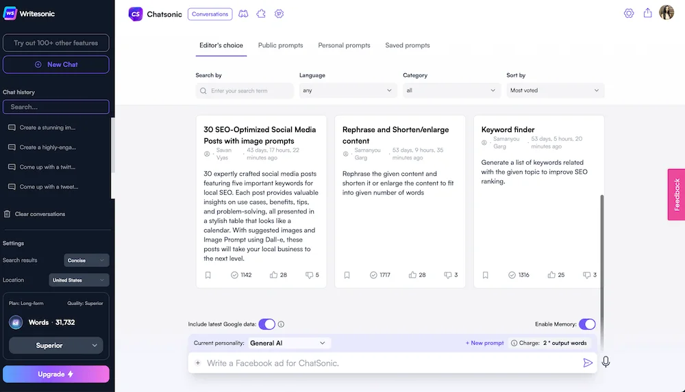 6个最佳AI Prompt提示网站 - 晓得博客 Chatsonic 提示库