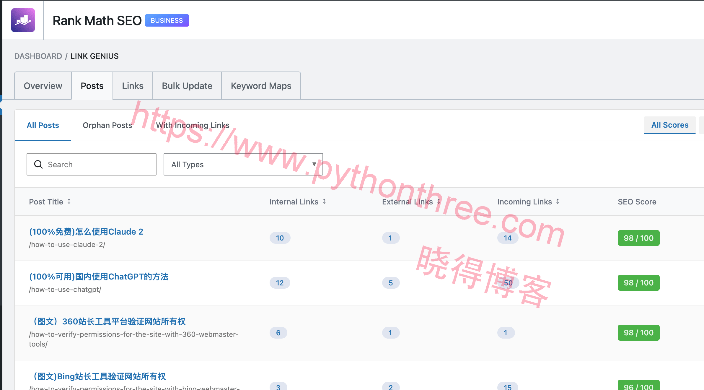 rank math seo插件Link Genius posts